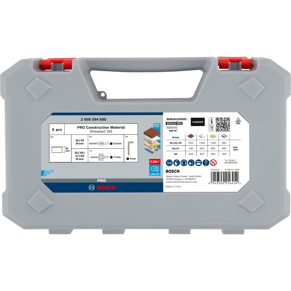 Bosch PRO Construction Material Gewinde-Lochsägen, 20/25/35/40/51/68x60x65mm, 9-teilges Set