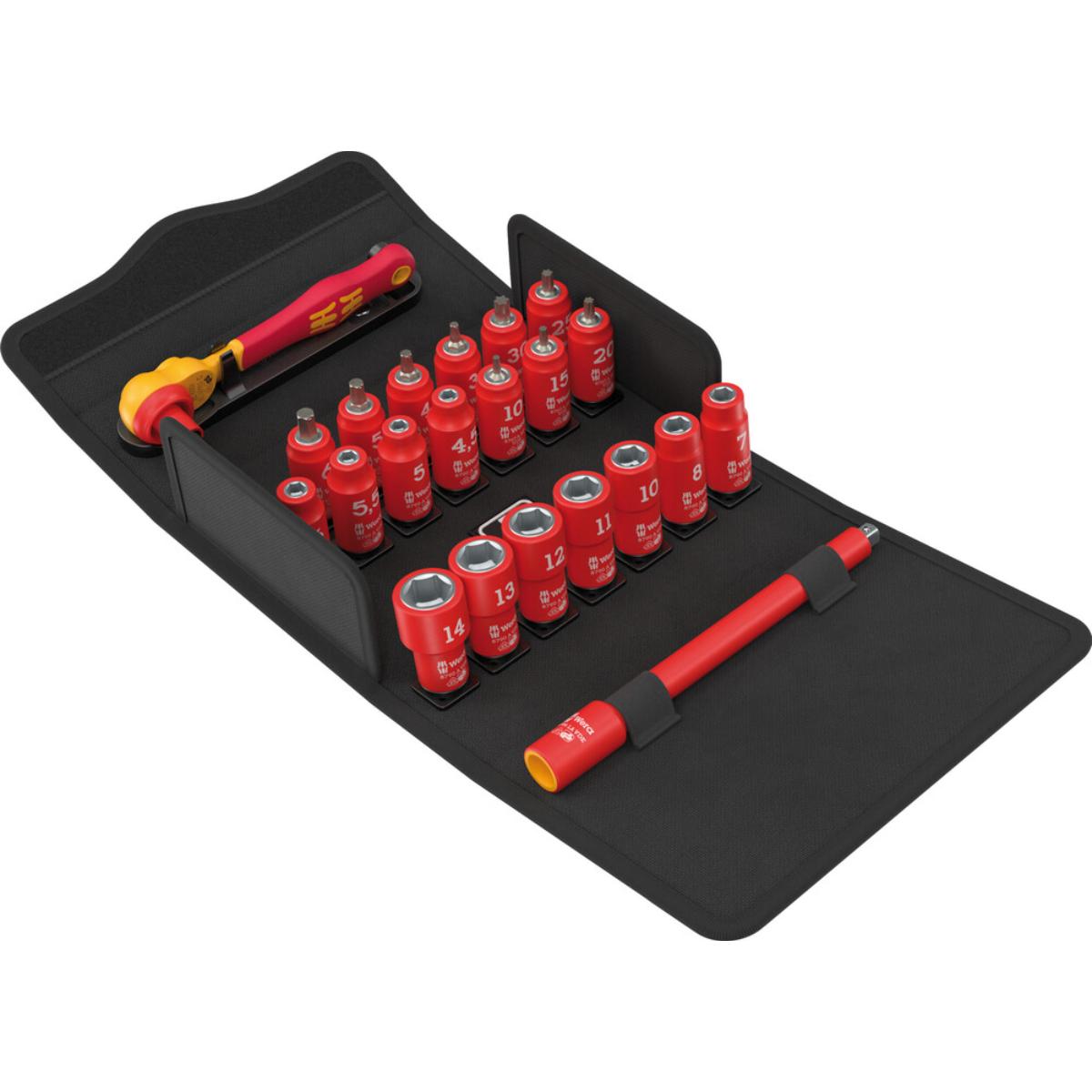 Wera 8100 SA VDE 1 Zyklop Knarrensatz, isoliert, Umschalthebel, 1/4"-Antrieb, metrisch, 22-teiliges Set
