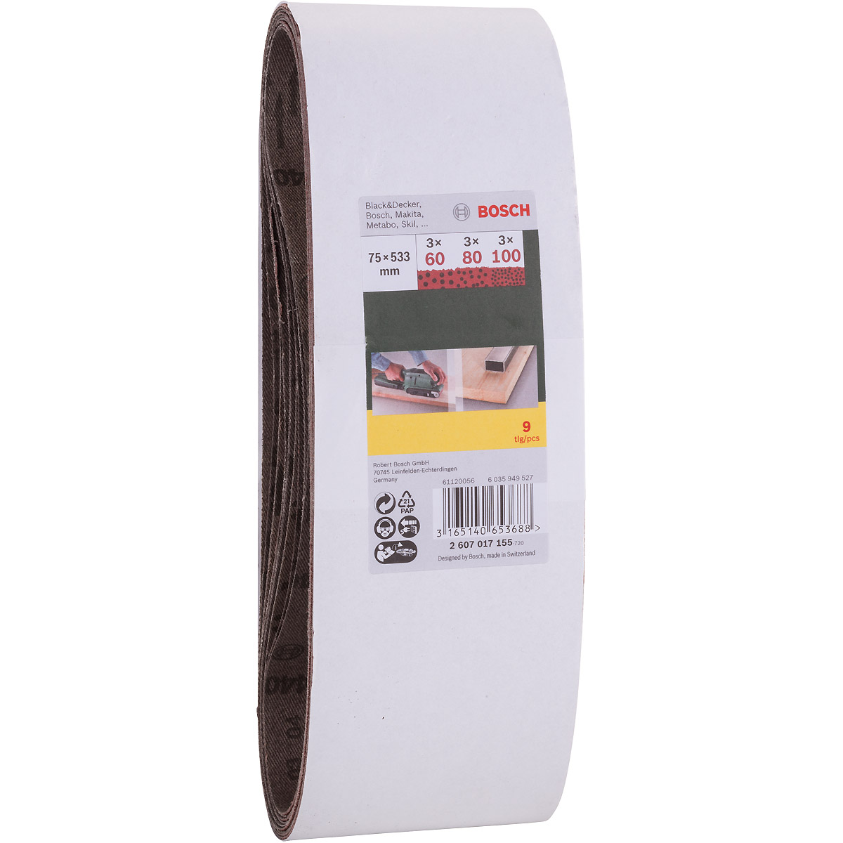 Bosch Schleifband-Set für Bandschleifer, 9-teilig, 75 x 533 mm, Körnung 60, 80, 100