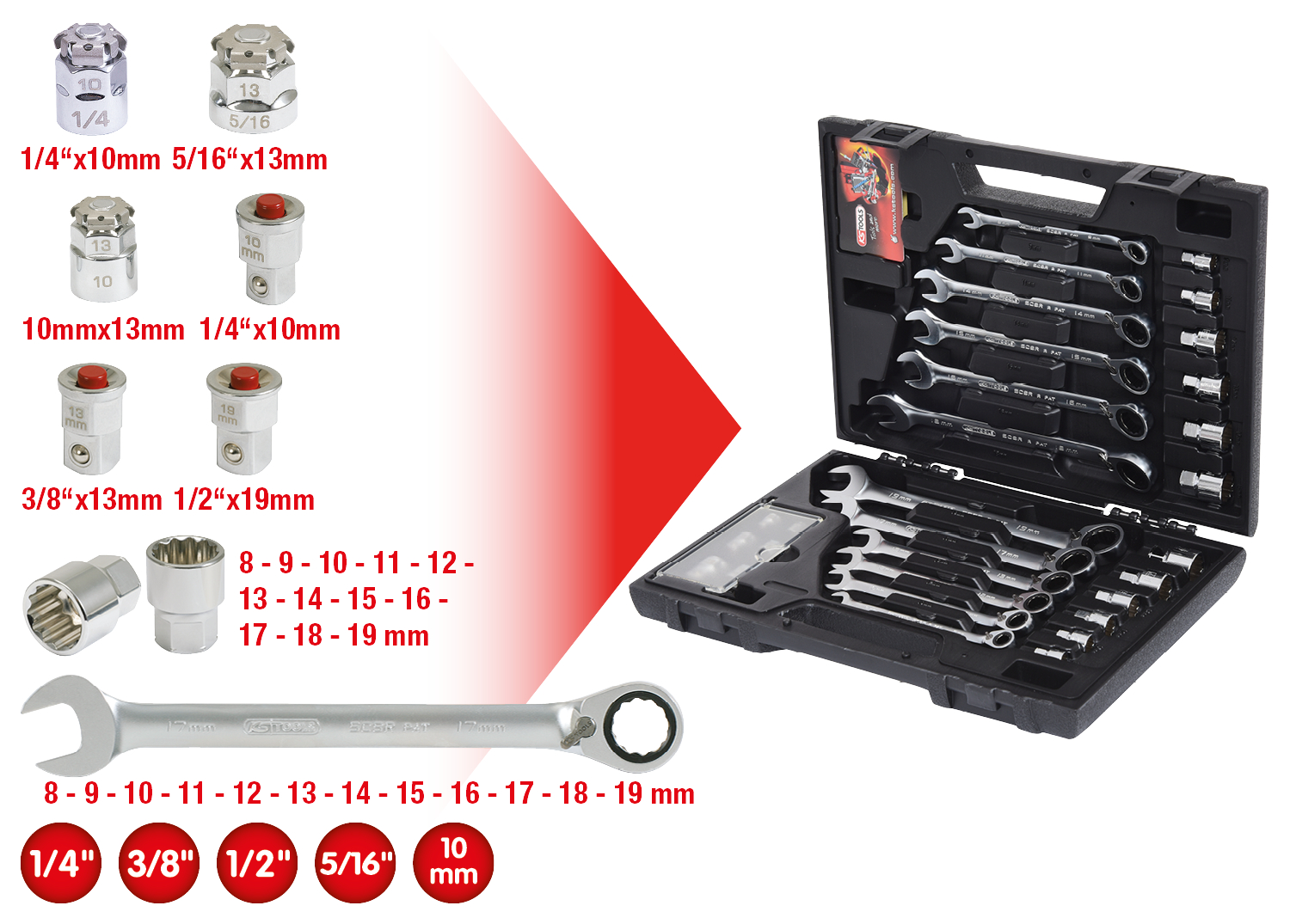 KS Tools GEARplus RINGSTOP-Ratschenringmaulschlüssel-Satz, 30-tlg mit Adapter