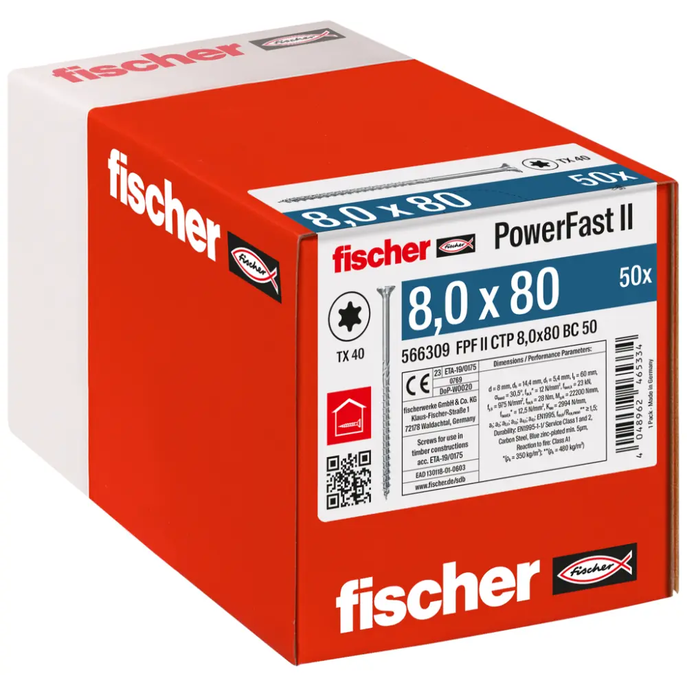 Fischer Holzbauschraube 8,0x80 FPF II CTP BC, Senkkopf, Innenstern TX, Teilgewinde, blauverzinkt