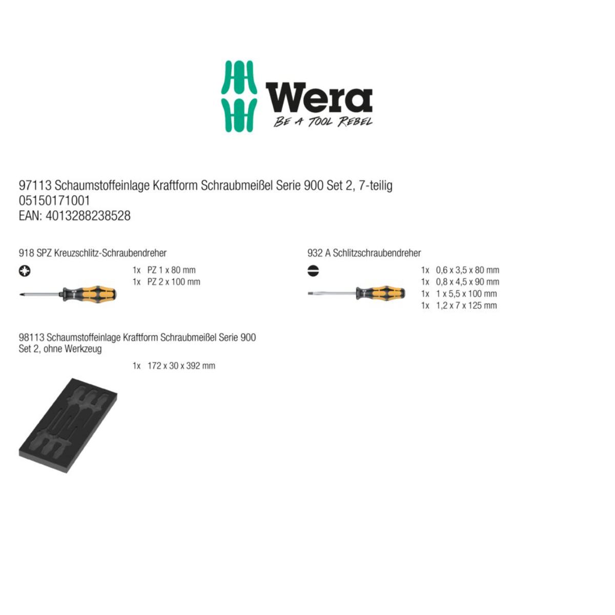 Wera 97113 Schaumstoffeinlage Kraftform Schraubmeißel Serie 900 Set 2