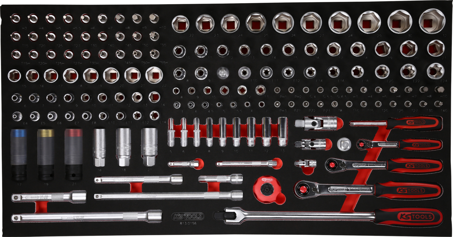 KS Tools 1-4'' + 3-8'' + 1-2'' Steckschlüssel-Satz in Schaumstoffeinlage, 156-tlg