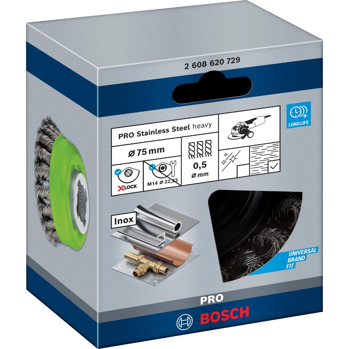 Bosch PRO Topfbürste X-LOCK Heavy for Inox, 75 mm, gezopfter rostfreier Stahldraht