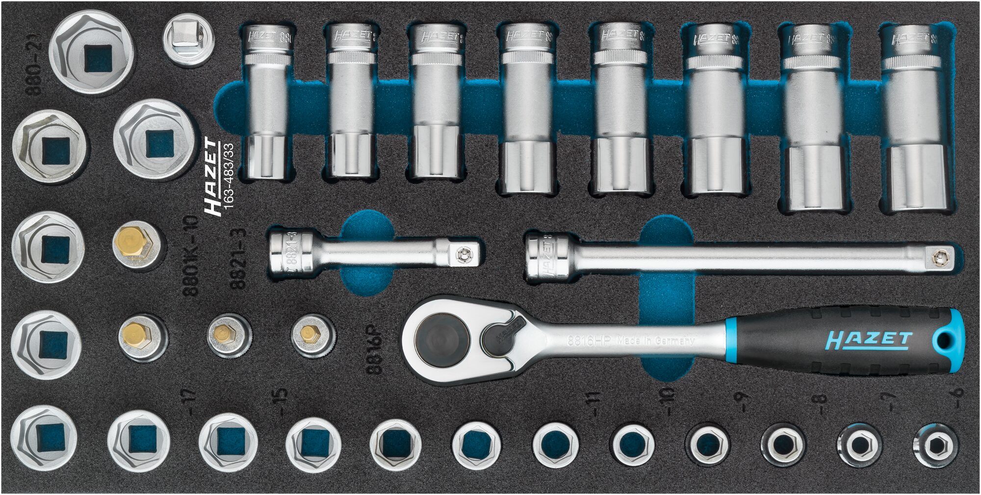 HAZET Steckschlüssel-Satz Außensechskant-Antrieb 10 = 3/8 Zoll 10 = 3⁄8″ Einlage 33-teilig 