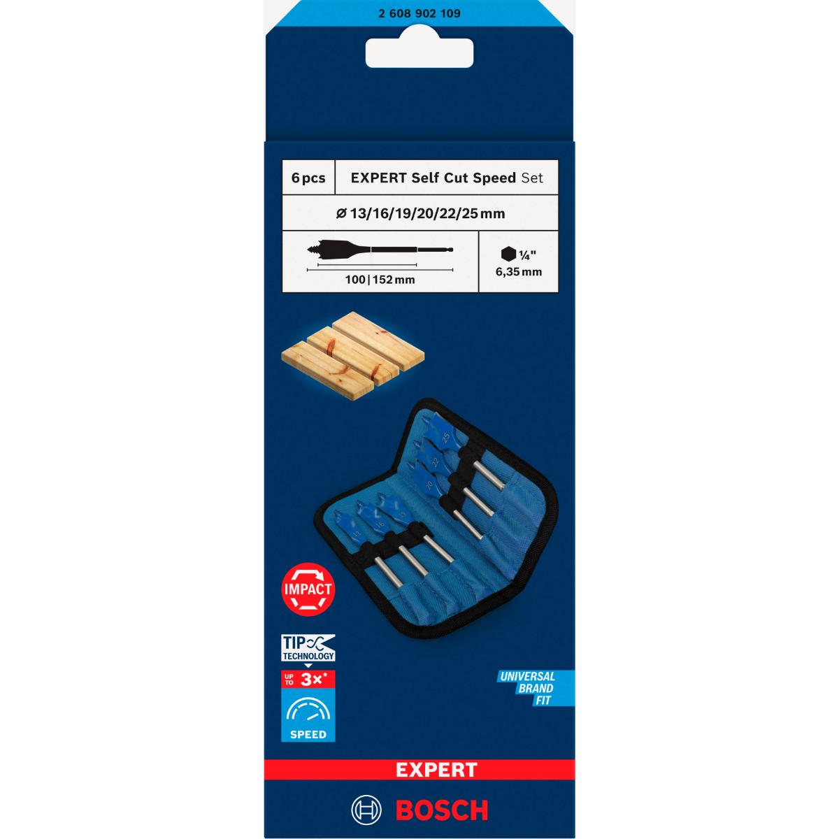 Bosch EXPERT Self Cut Speed Flachfräsbohrer-Set, 13/16/19/20/22/25/25/32, 6-teiliges Set