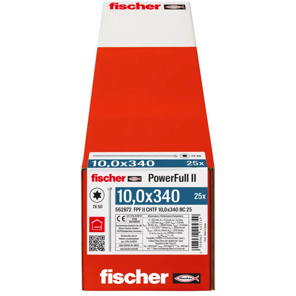 Fischer Vollgewindeschraube 10,0x340 PowerFull FPF II CHTF 10 BC, Vollgewinde, Zylinderkopf, TX