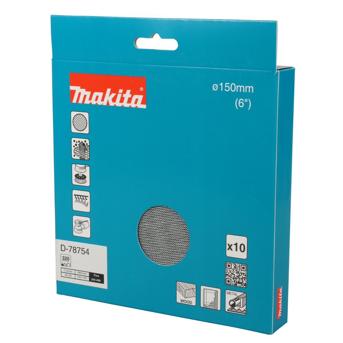 Makita Netzschleifmittel 150mm, Körnung A320,Klett, Gitter, 10 Stück