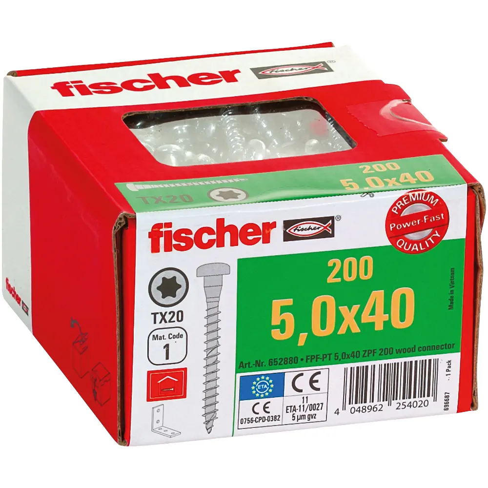 Fischer Holzverbinderschraube PowerFast 5,0x40 FPF-PT ZPF, Panhead, blauverzinkt, Vollgewinde