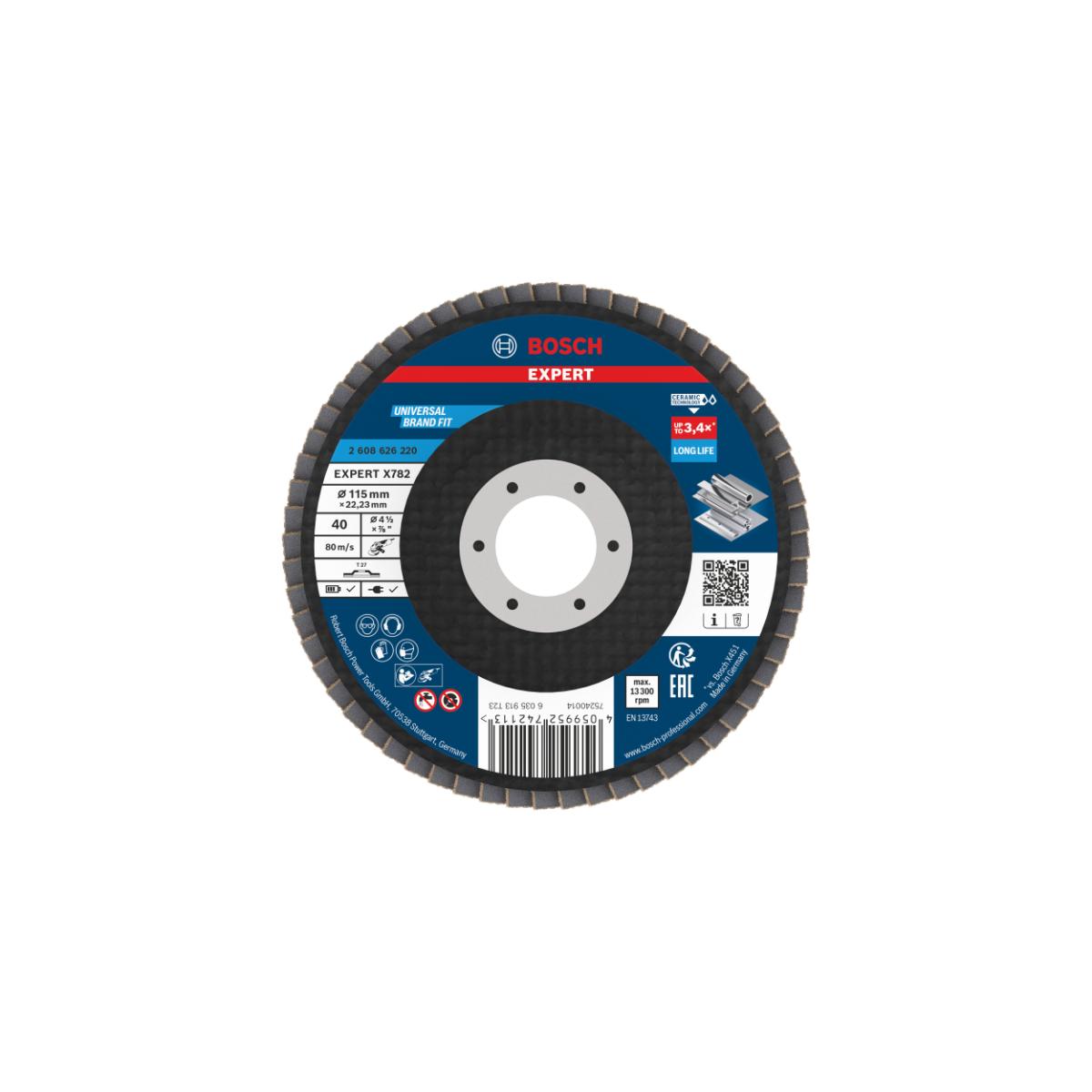 Bosch EXPERT X782 Fächerschleifscheibe Glasfaser, gerade, 115 mm, K40, Bohrung 22,23 mm