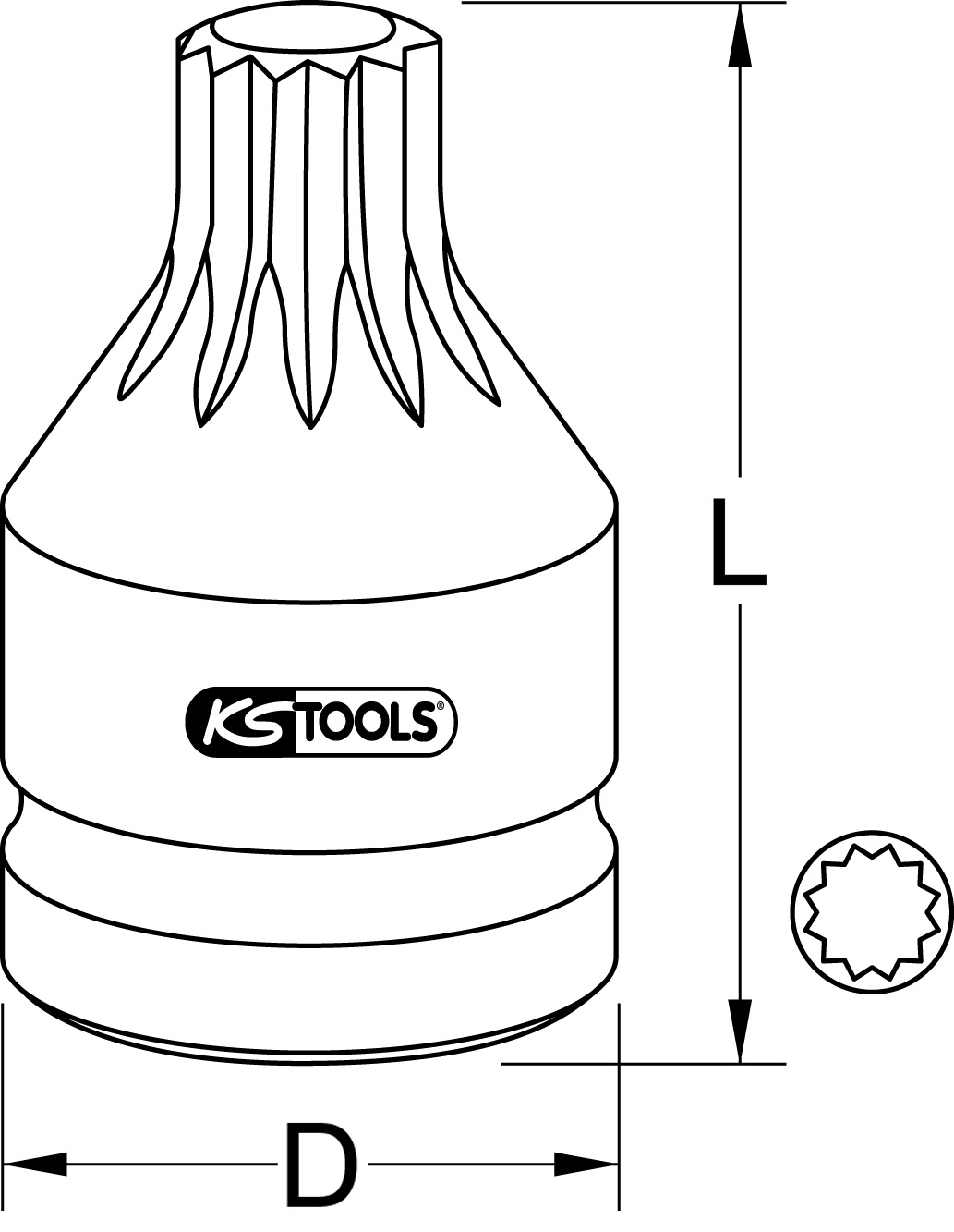 KS Tools 3/4" Kraft-Bit-Stecknuss Vielzahn mit Bohrung, kurz