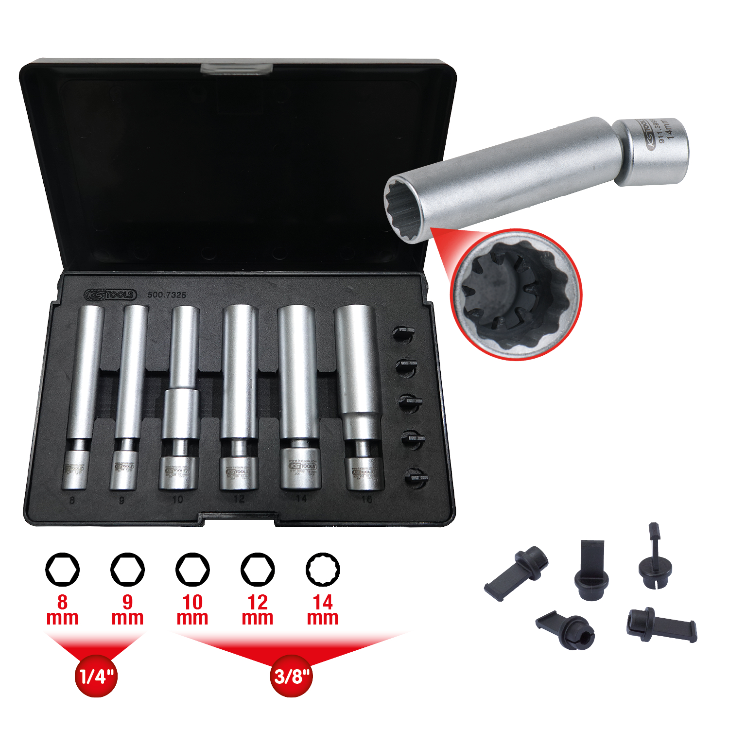 KS Tools 1/4" + 3/8" Spezial-Glüh- und Zündkerzen-Stecknuss-Satz mit Gelenk, 11-tlg