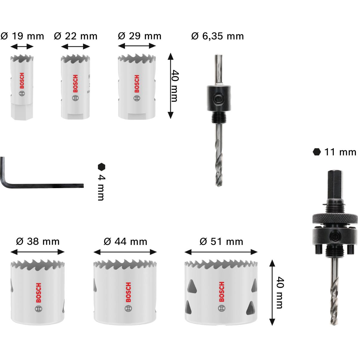 Bosch Multi Material Lochsägen mit Gewinde, 19, 22, 29, 38, 44, 51 x 40 mm, 9-teiliges Set