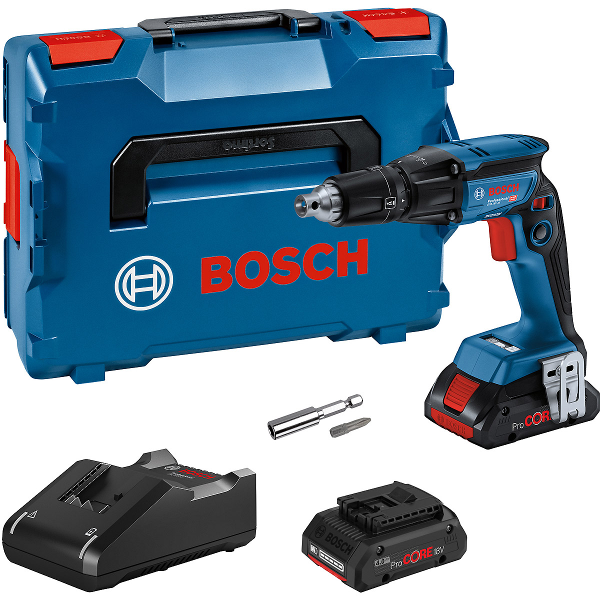 Bosch Akku-Trockenbauschrauber GTB 18V-45, 2 x Akku ProCORE18V 4.0Ah, Ladg. u. L-BOXX