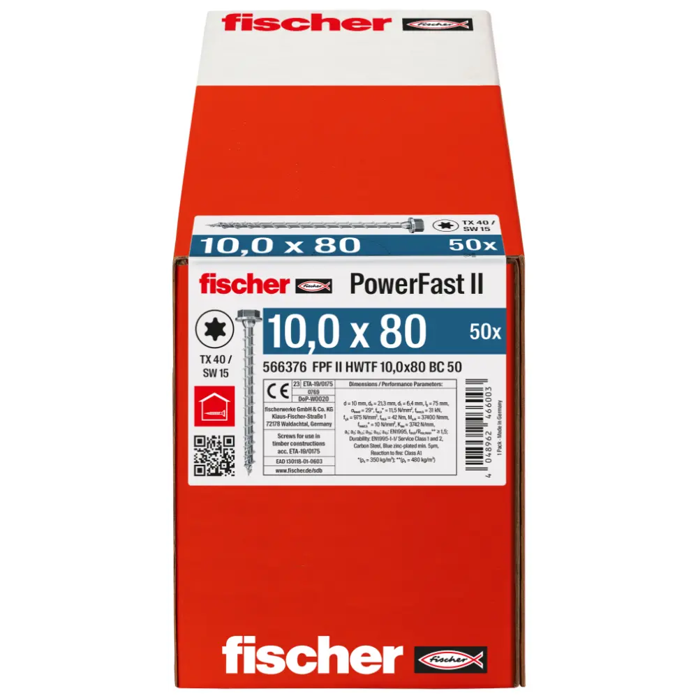 Fischer Spanplattenschraube 10,0x80 II HWTF BC, Sechskantkopf, Innenstern TX, Vollgewinde