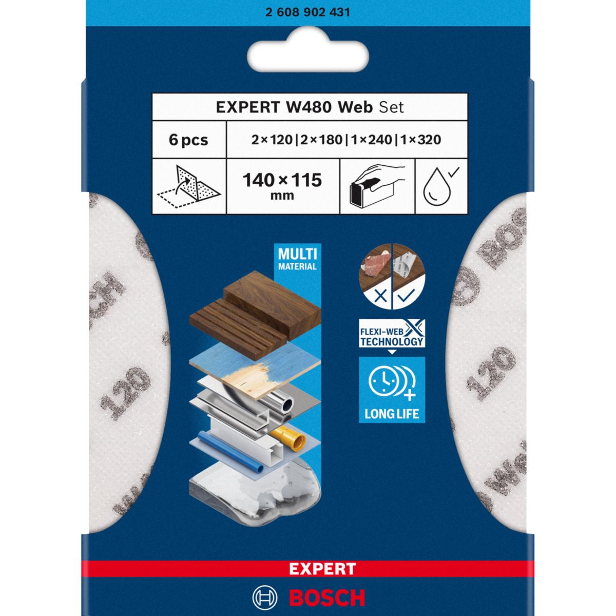 Bosch EXPERT Schleifblatt ExW480 web 1 x 240,1 x 320,2 x 120,2 x 180 - 9 teiliges Set