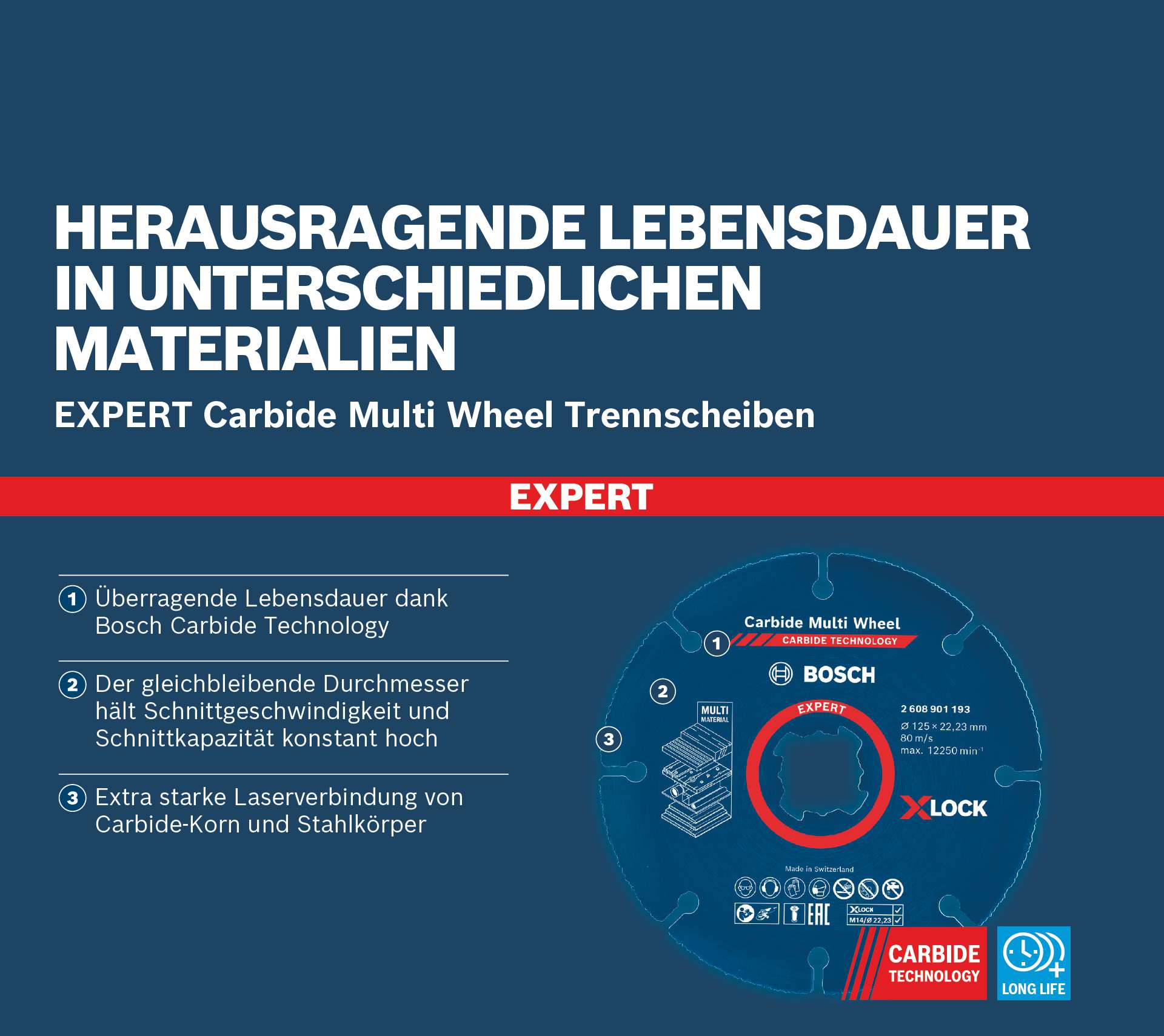 Bosch EXPERT Multi Material Carbide-Trennscheibe, 125 x 22,23 mm, X-Lock, 10-Stück