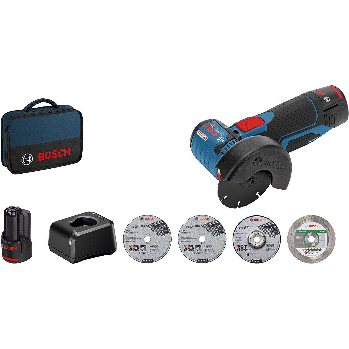Bosch Akku-Winkelschleifer GWS 12V-76, mit 2 x 2.0 Ah Li-Ion Akku