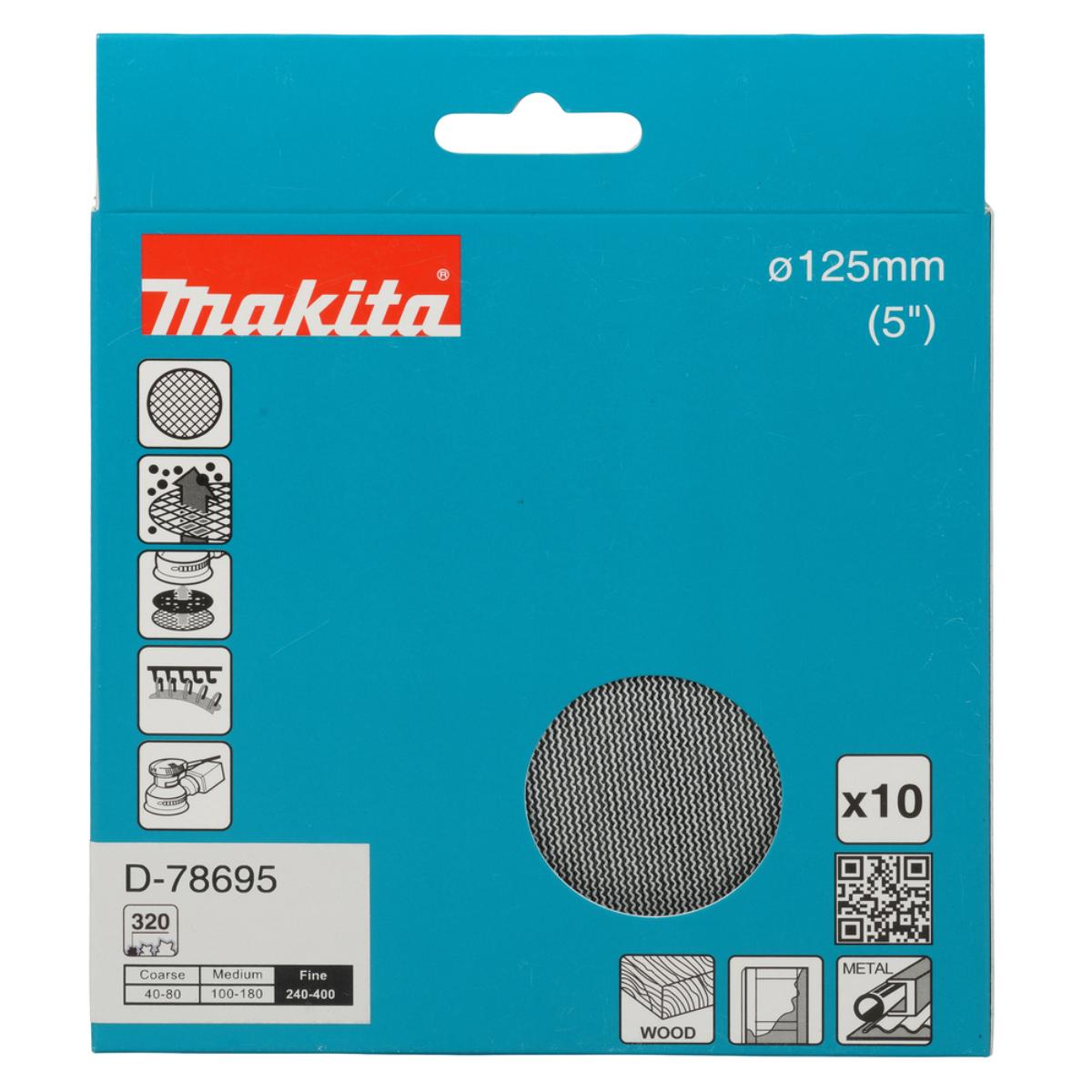 Makita Netzschleifmittel 125mm,Körnung A320,Klett, Gitter, 10 Stück