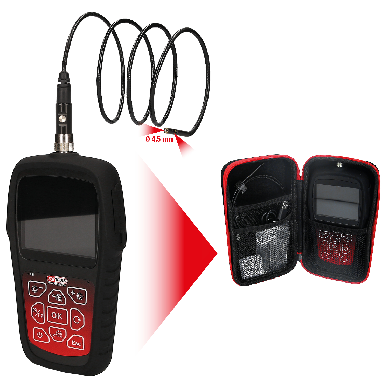 KS Tools HD-Videoskop-Satz mit Ø 4,5 mm 0° und 90° HD Frontkamera-Sonde, umschaltbar, 7-tlg
