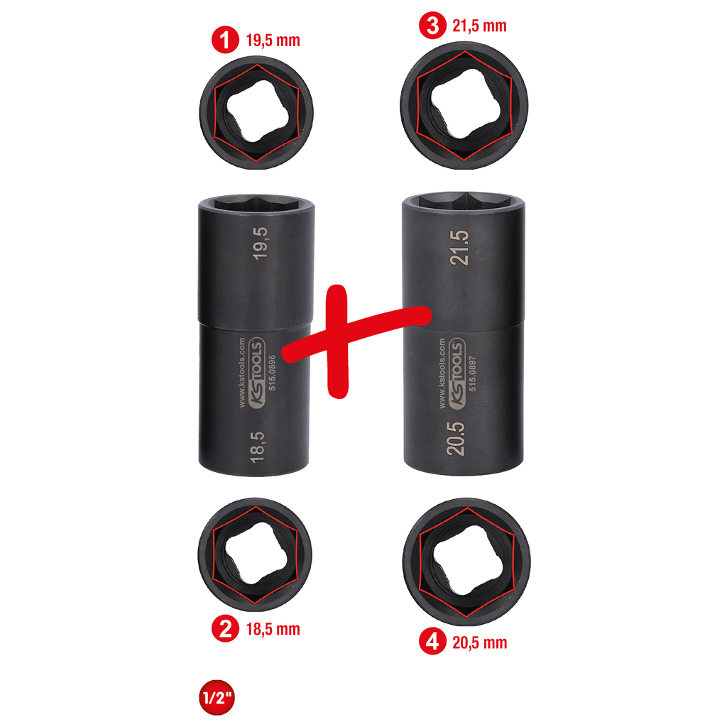 KS Tools 1/2" Spezial-Alu-Felgen-Kraft-Stecknuss-Satz für Ford, 18,5 / 19,5 / 20,5 / 21,5 mm, 2-tlg