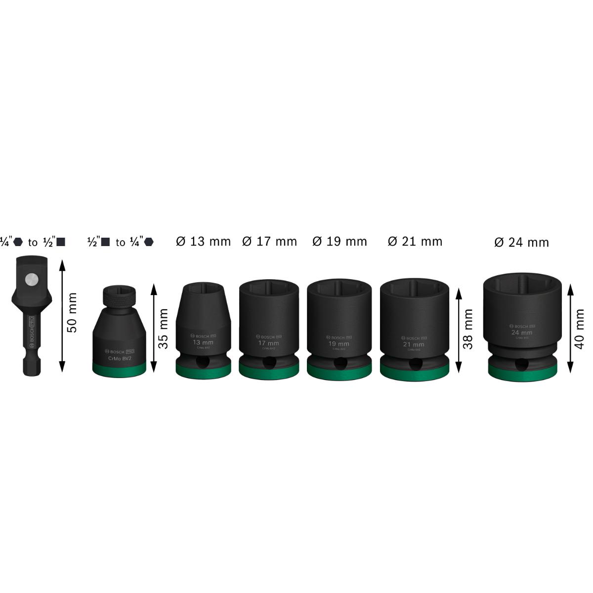 Bosch PRO Impact Socket Set with Adapter, 1/2", Standard, 7 pcs