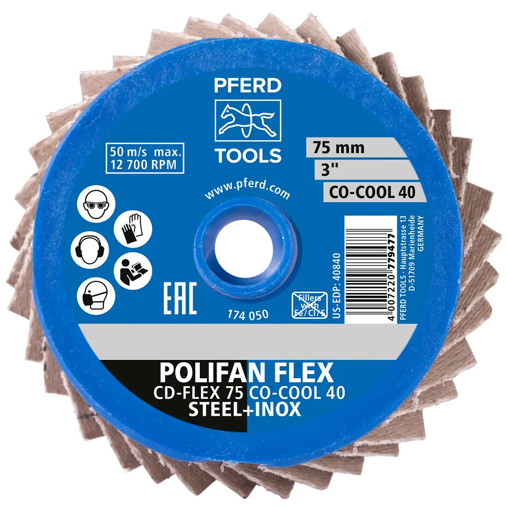 PFERD TOOLS COMBIDISC Flexibel Keramikkorn Mini-POLIFAN CD Ø 75mm CO-COOL120 für kühlen Schliff auf Edelstahl