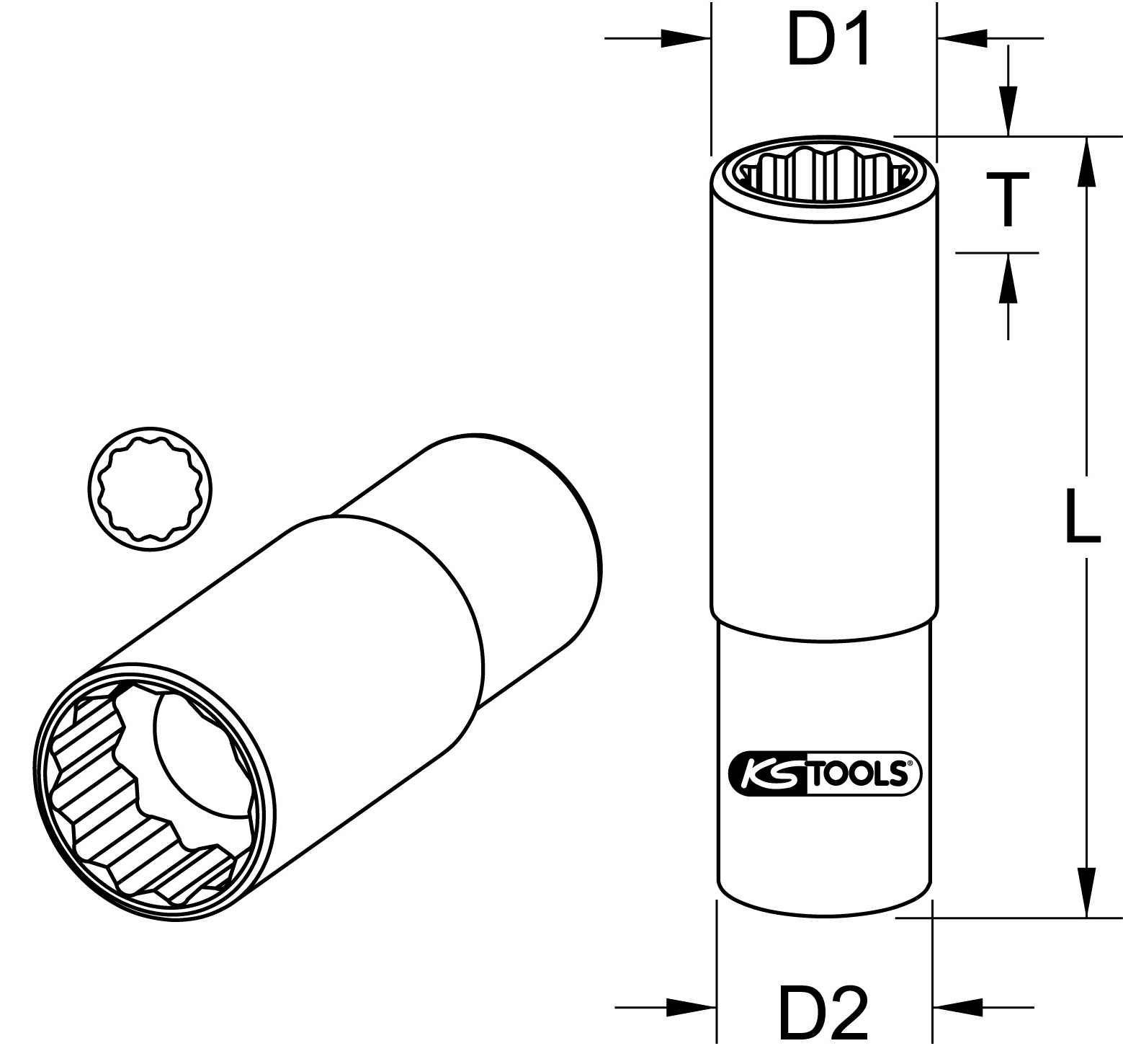 KS TOOLS 1/2" 12-kant-Stecknuss, lang