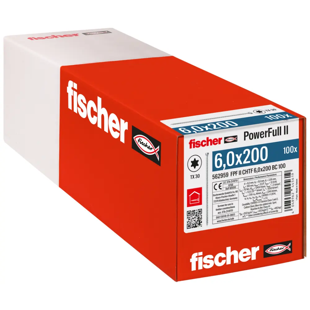 Fischer Vollgewindeschraube 6,0x200 PowerFull FPF II CHTF 6/8 BC, Vollgewinde, Zylinderkopf, TX