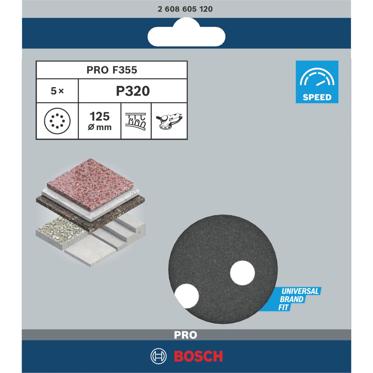 Bosch PRO Schleifblatt F355, 125 mm, 8 Löcher, Klett, 5er-Pack