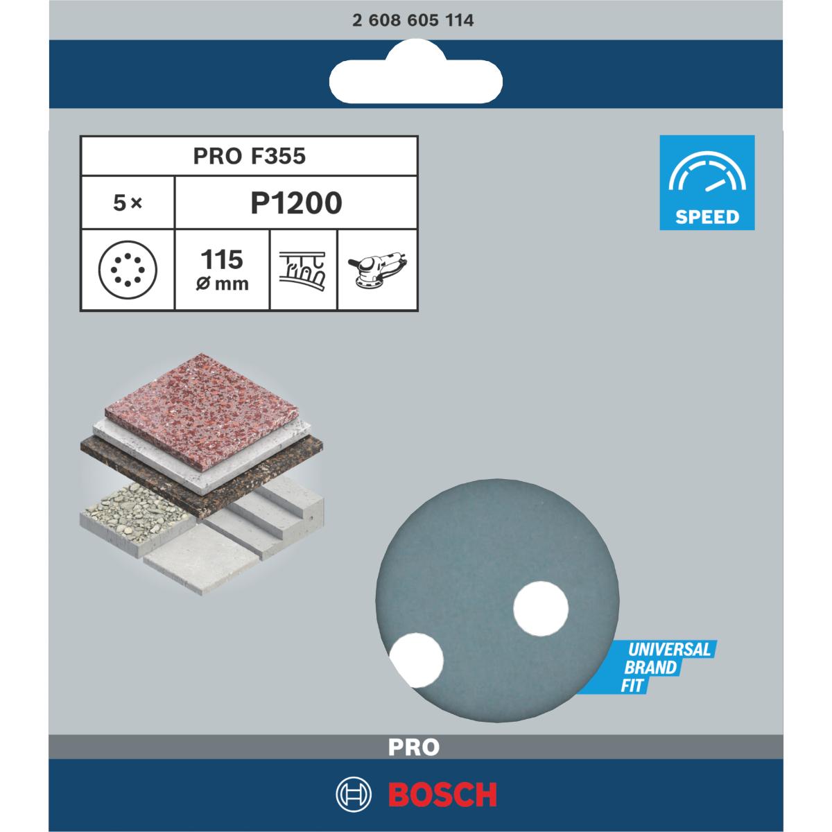 Bosch PRO Schleifblatt F355, 115 mm, 8 Löcher, Klett, 5er-Pack