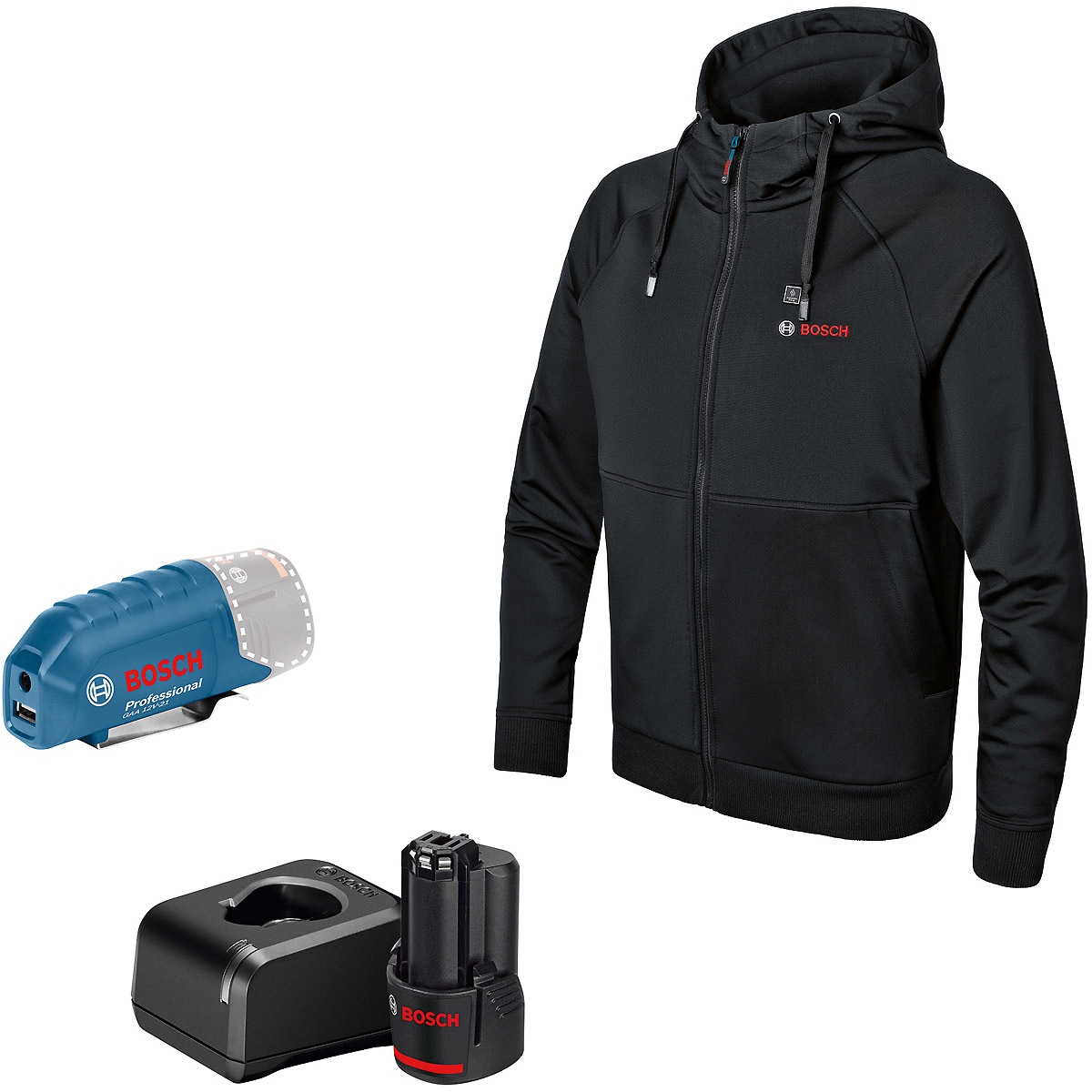 Bosch Beheizbare Hoodie GHH 12+18V XA, mit Akkuadapter, mit Ladegerät, mit 1x Akku (12V 2.0 Ah)