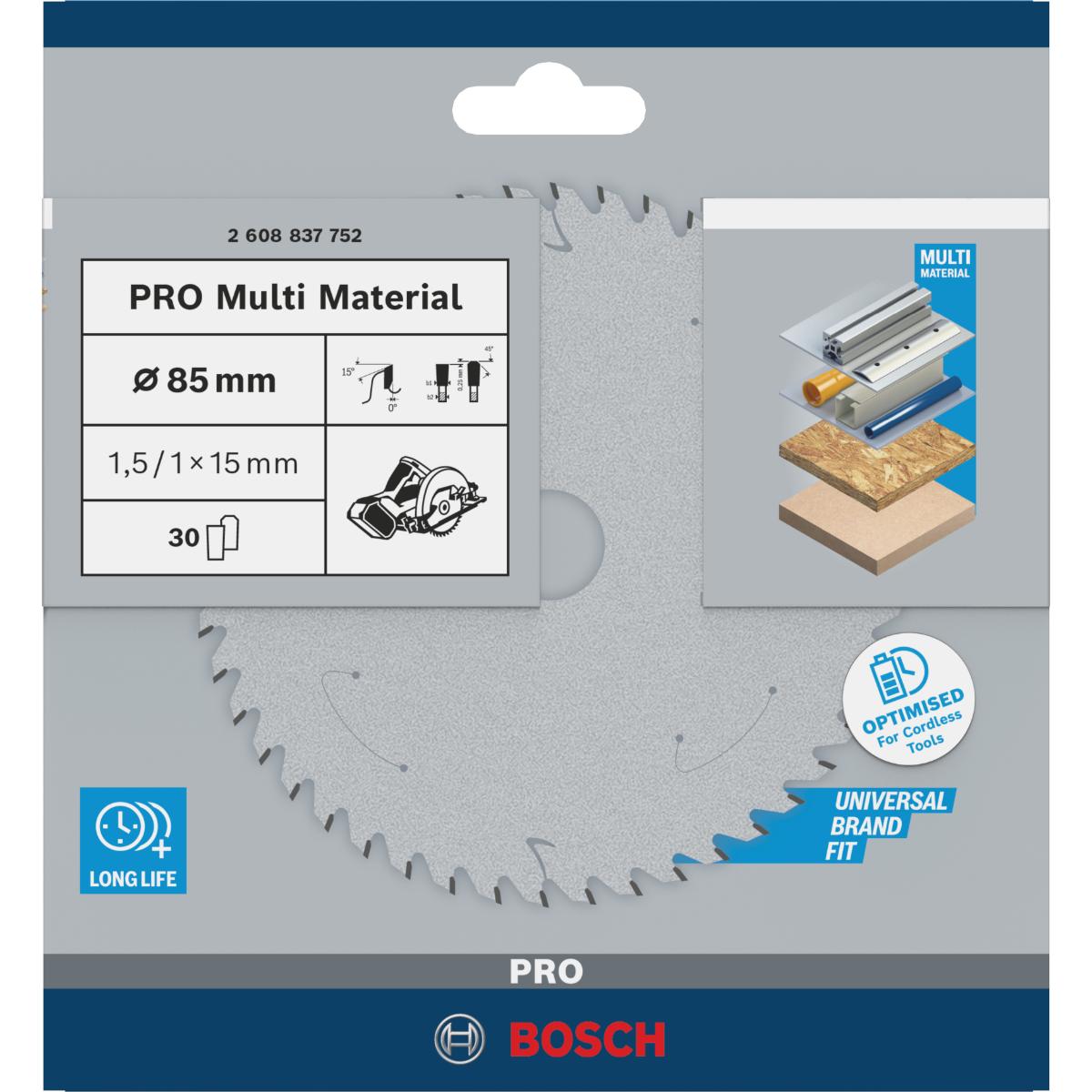 Bosch PRO Akku-Kreissägeblatt Standard for Multimaterial, 85mm AD x 1,5/1 x 15, 30 Zähne