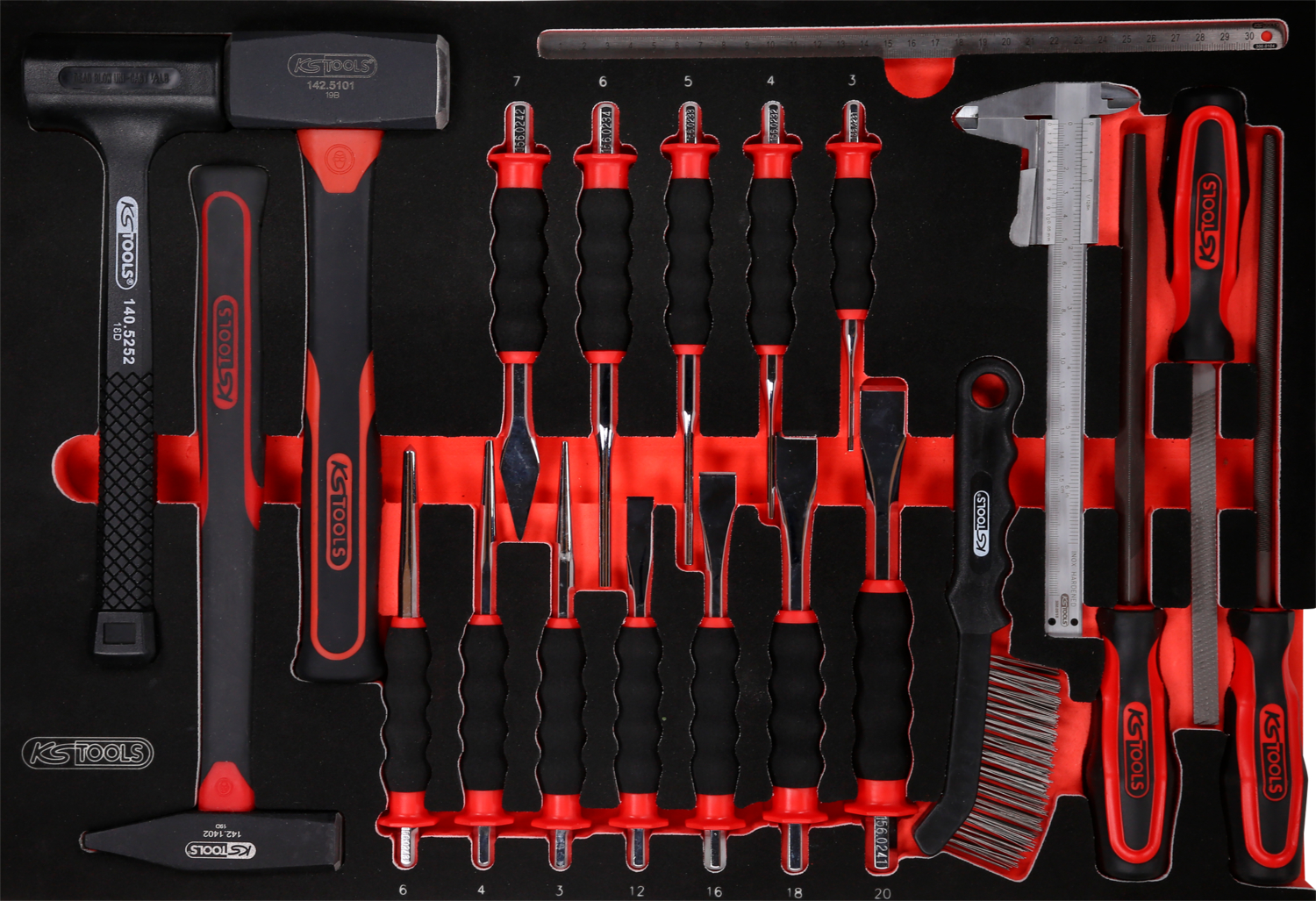KS Tools Hammer- - Meißel- - und Feilen-Satz in Schaumstoffeinlage, 21-tlg