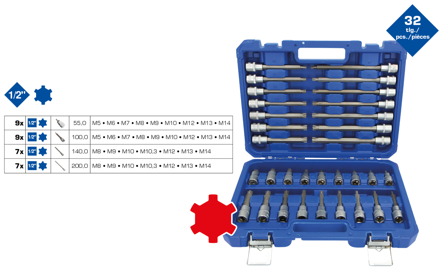 Brilliant Tools 1/2" Steckschlüssel-Satz, 32-tlg, RIBE Profil - BT022032