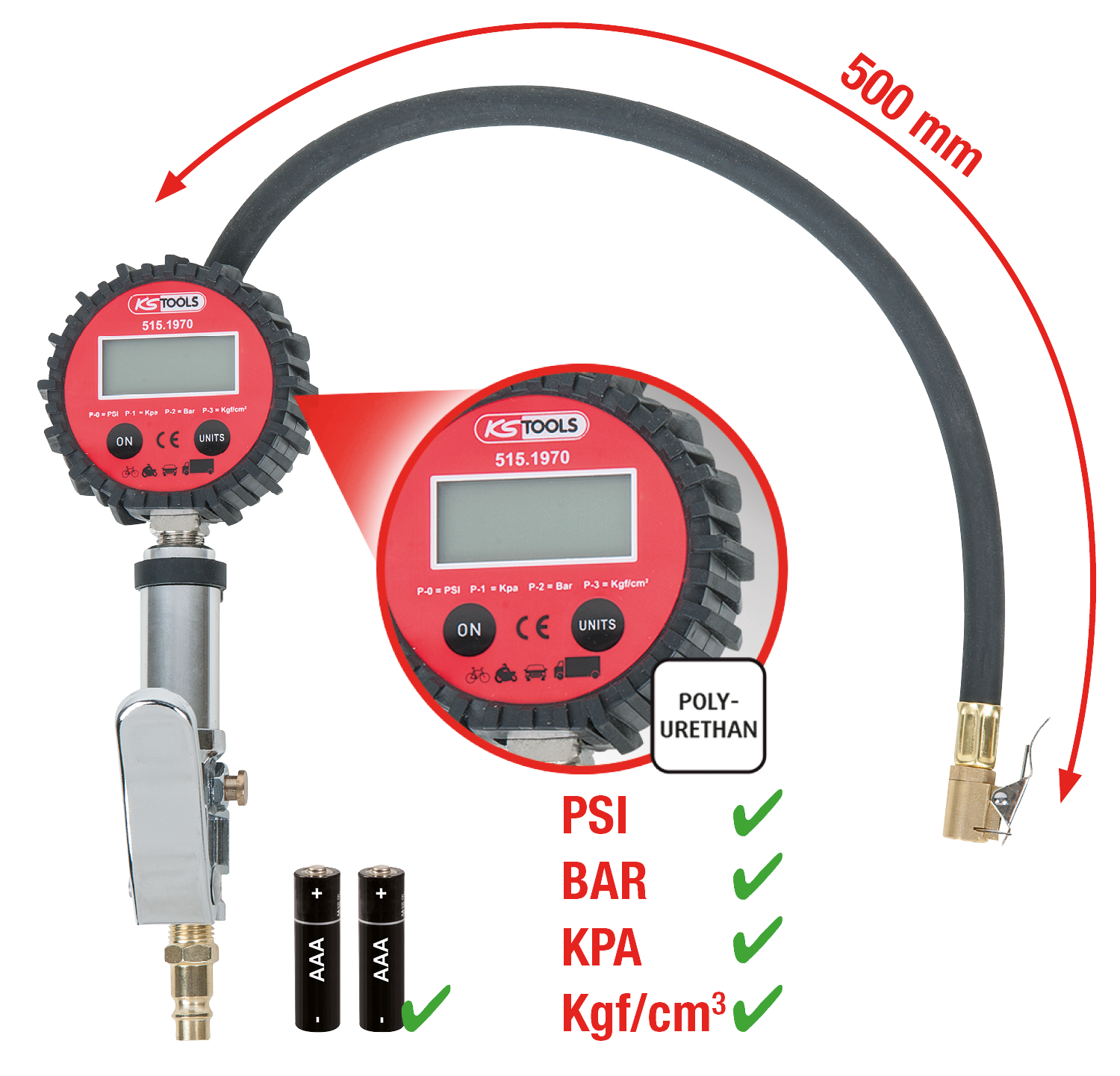 KS Tools Digitaler Druckluft-Reifenfüllmesser,0-14bar