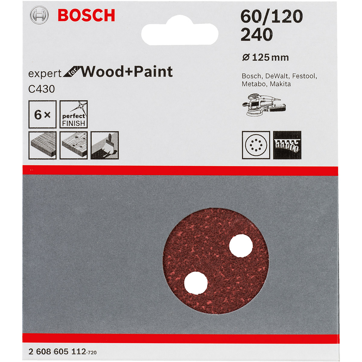 Bosch Schleifblatt C430, 60, 120, 240, 8 Löcher, Klett, 6er-Pack