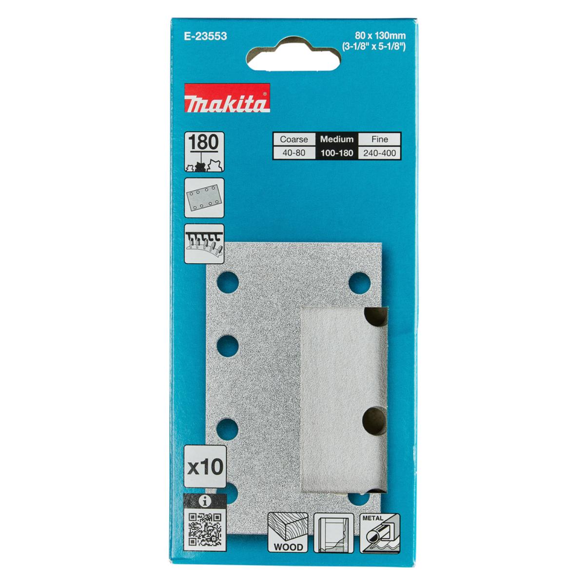Makita Schleifpapier 80x130mm, Körnung A180,Klett, 8 Loch, 10 Stück