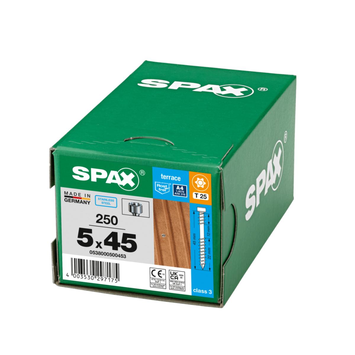 SPAX TERRASSE Fixiergewinde Zylinderkopf T-STAR plus T25, CUT-Spitze Edelstahl rostfrei A4, 250 Stück