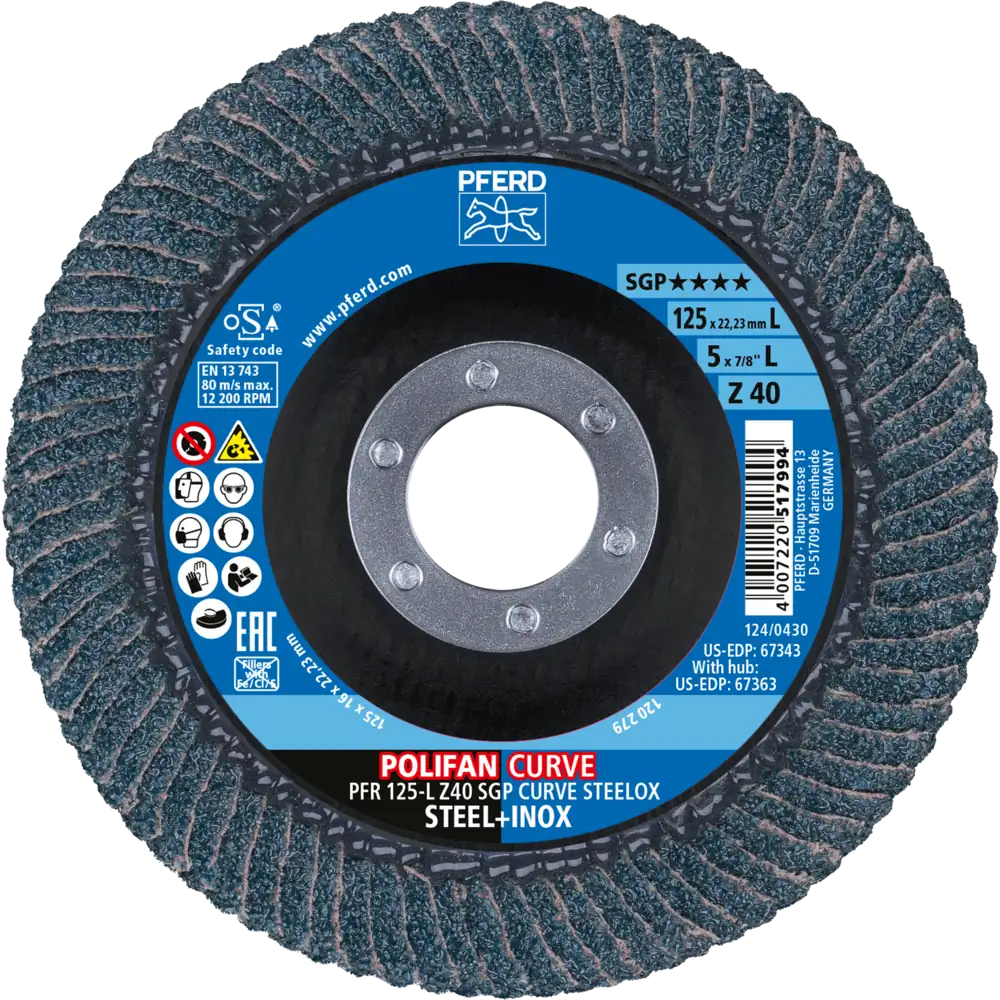 PFERD TOOLS Trenn-/Fächerscheiben-Set PFR 125 L Z40 SGP CURVE / EHT 125-1,0 SG STEELOX für Stahl/Edelstahl