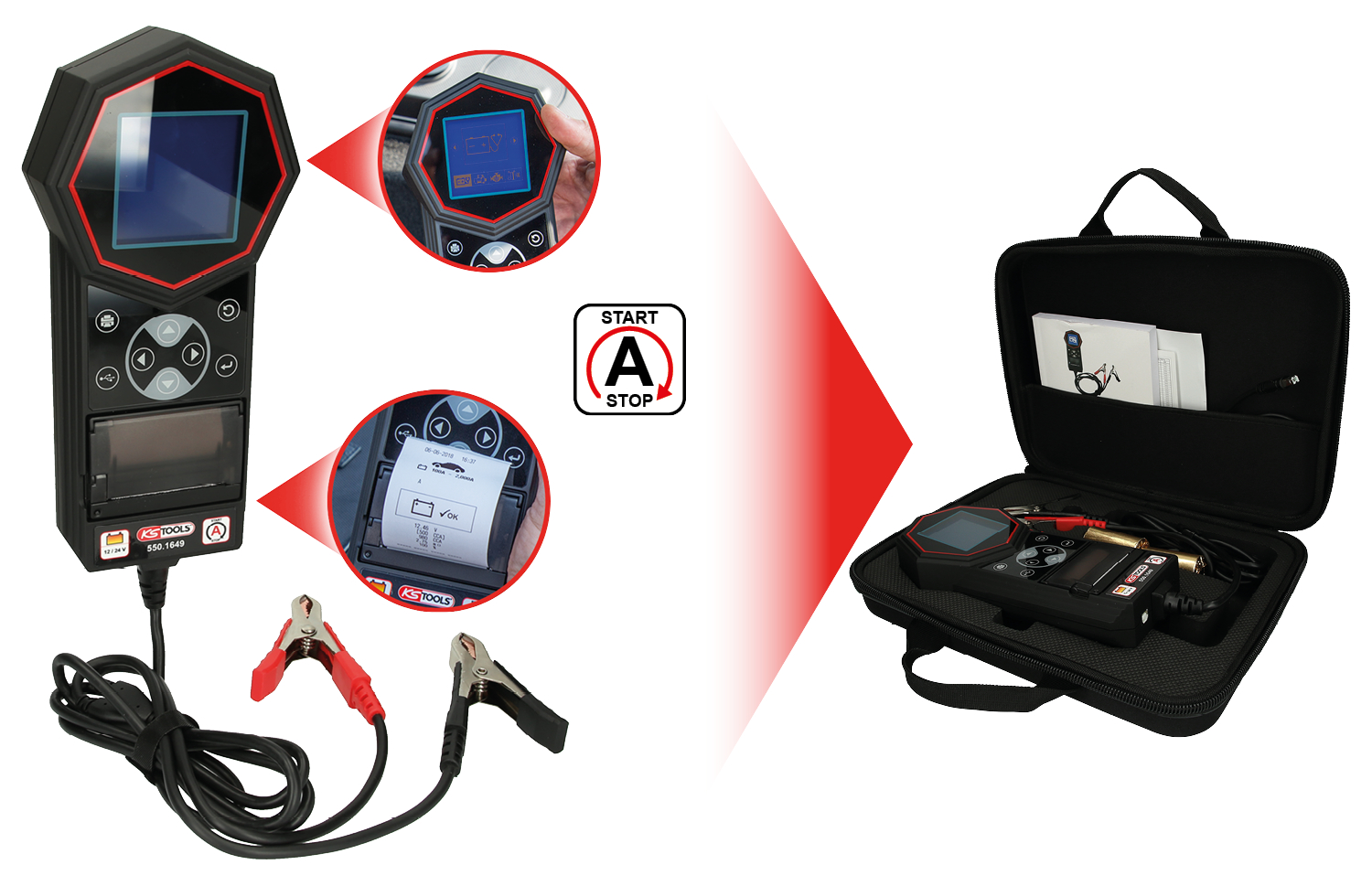 KS Tools 12V - 24V Digital-Batterie- und Ladesystemtester mit integriertem Drucker