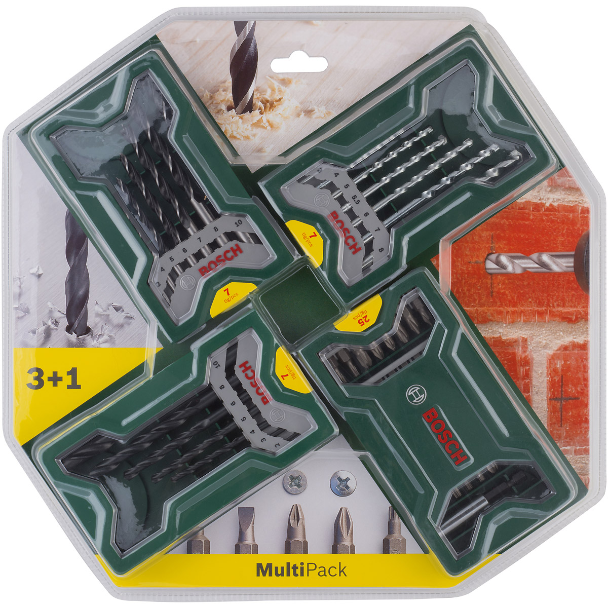 Bosch Bohr- Schrauberbit-Set 3+1, Mini-X-Line, Metall-, Stein-, Holzbohrer, Bit-Set