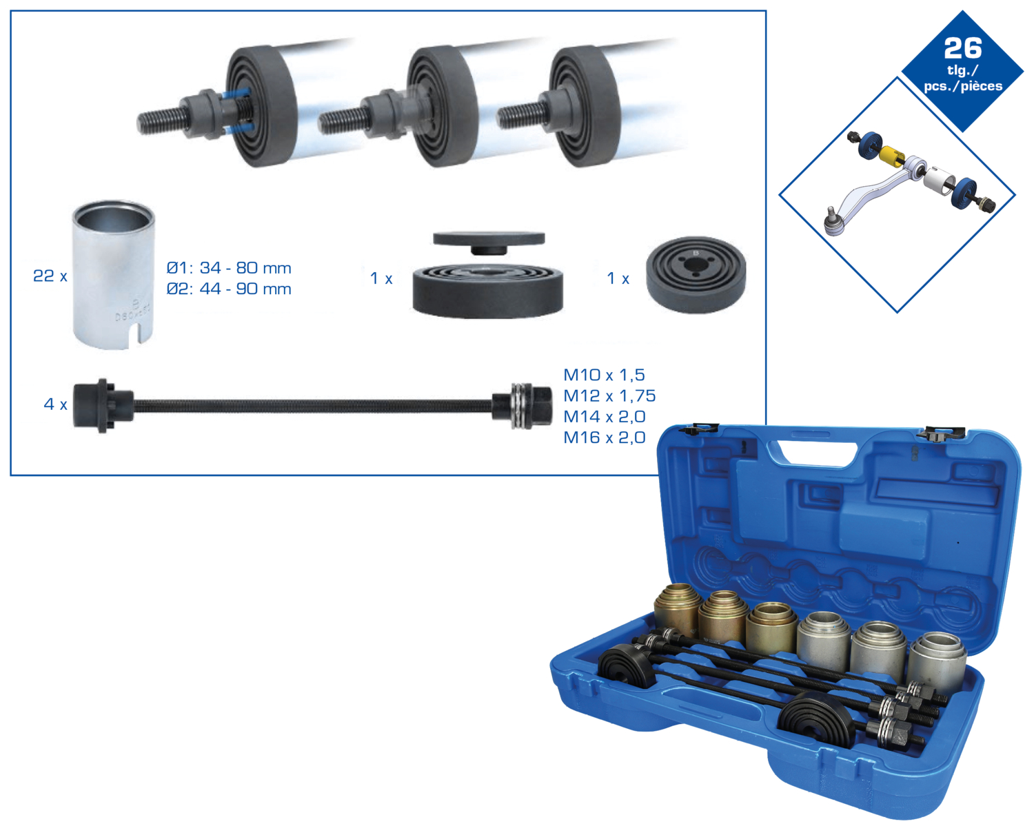 Brilliant Tools Zug- und Druckhülsen-Satz, mit 4 Spindeln, 26-tlg - BT672450
