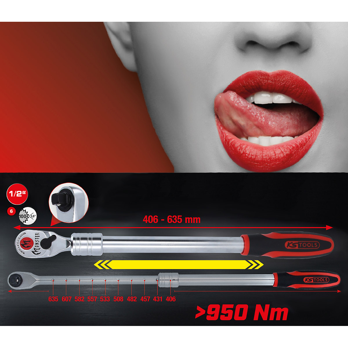 KS Tools 1/2" Monster Teleskop-Umschaltknarre, 100 Zahn