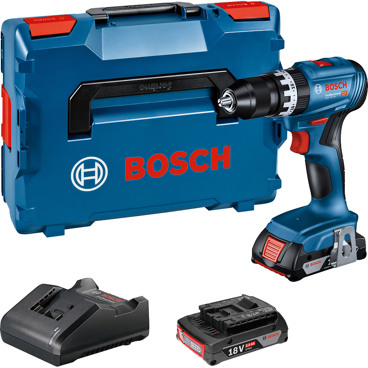 Bosch Schlagbohrschrauber GSB 18V-45 in L-BOXX 136 mit 2 x Li-Ion-Akku 2,0 Ah, Ladegerät