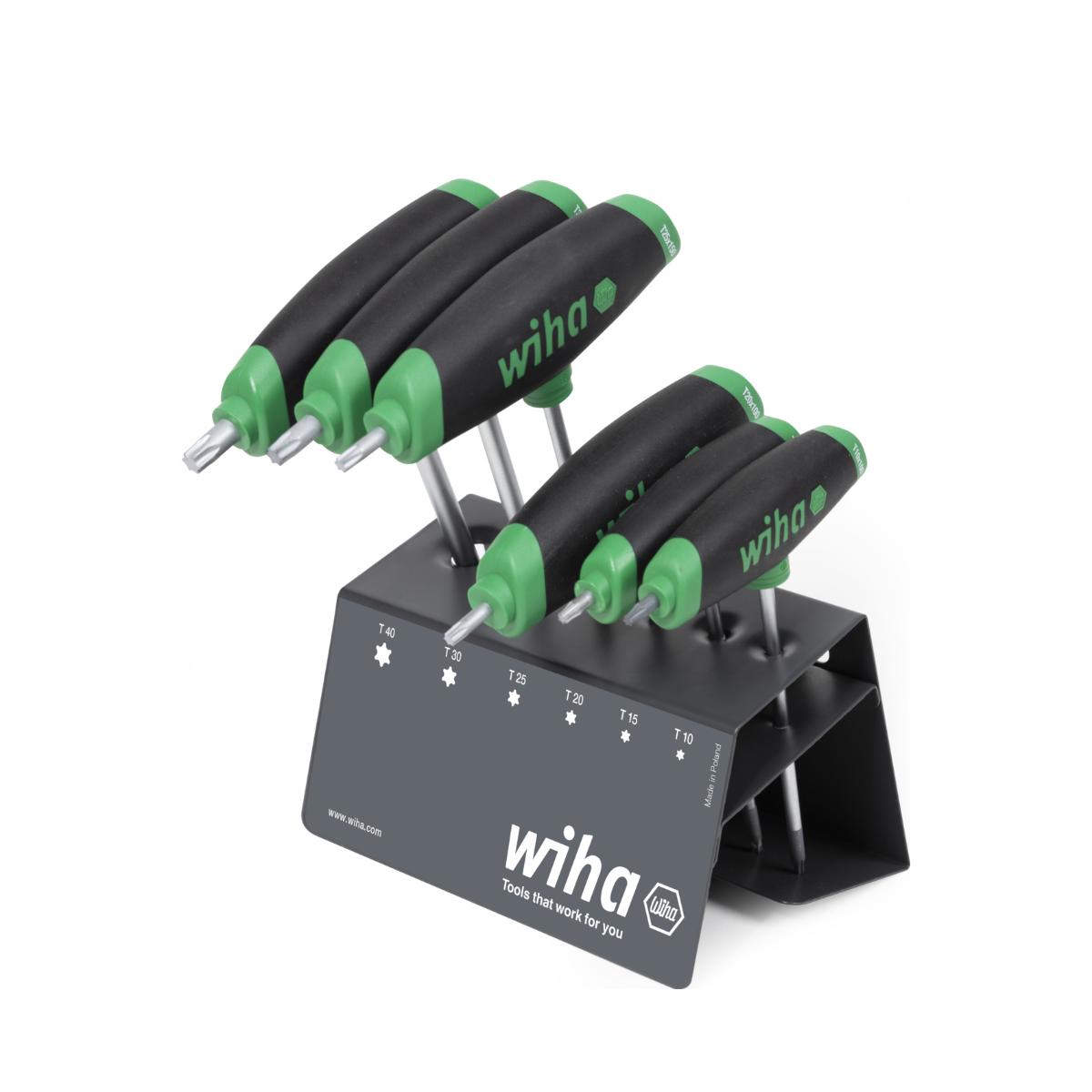 Wiha Stiftschlüssel mit Quergriff Set ComfortGrip TORX 7-teilges Set mit Seitenabtrieb, mattverchromt im Werkbankständer
