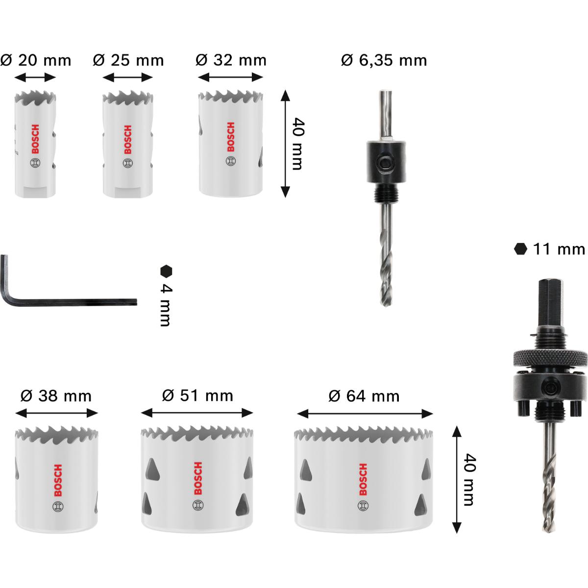 Bosch Multi Material Lochsägen mit Gewinde, 20, 25, 32, 38, 51, 64 x 40 mm, 9-teiliges Set