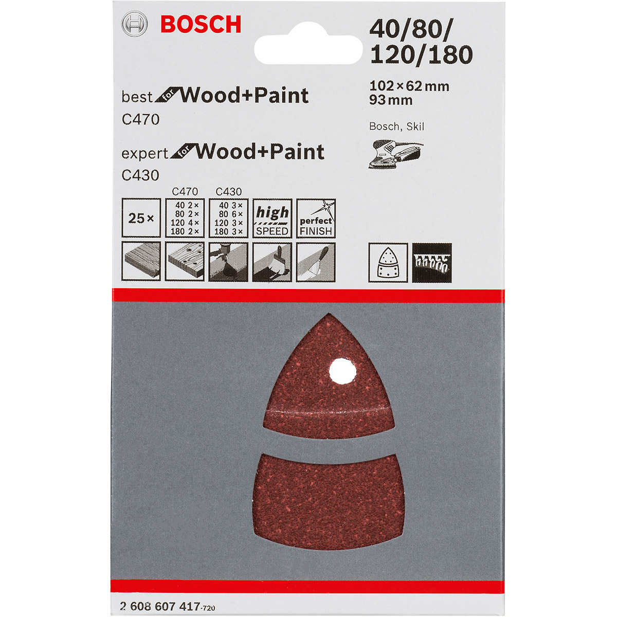 Bosch Schleifblatt-Set C470 und C430, 102 x 62, 93 mm, 40 - 180, 25er-Pack
