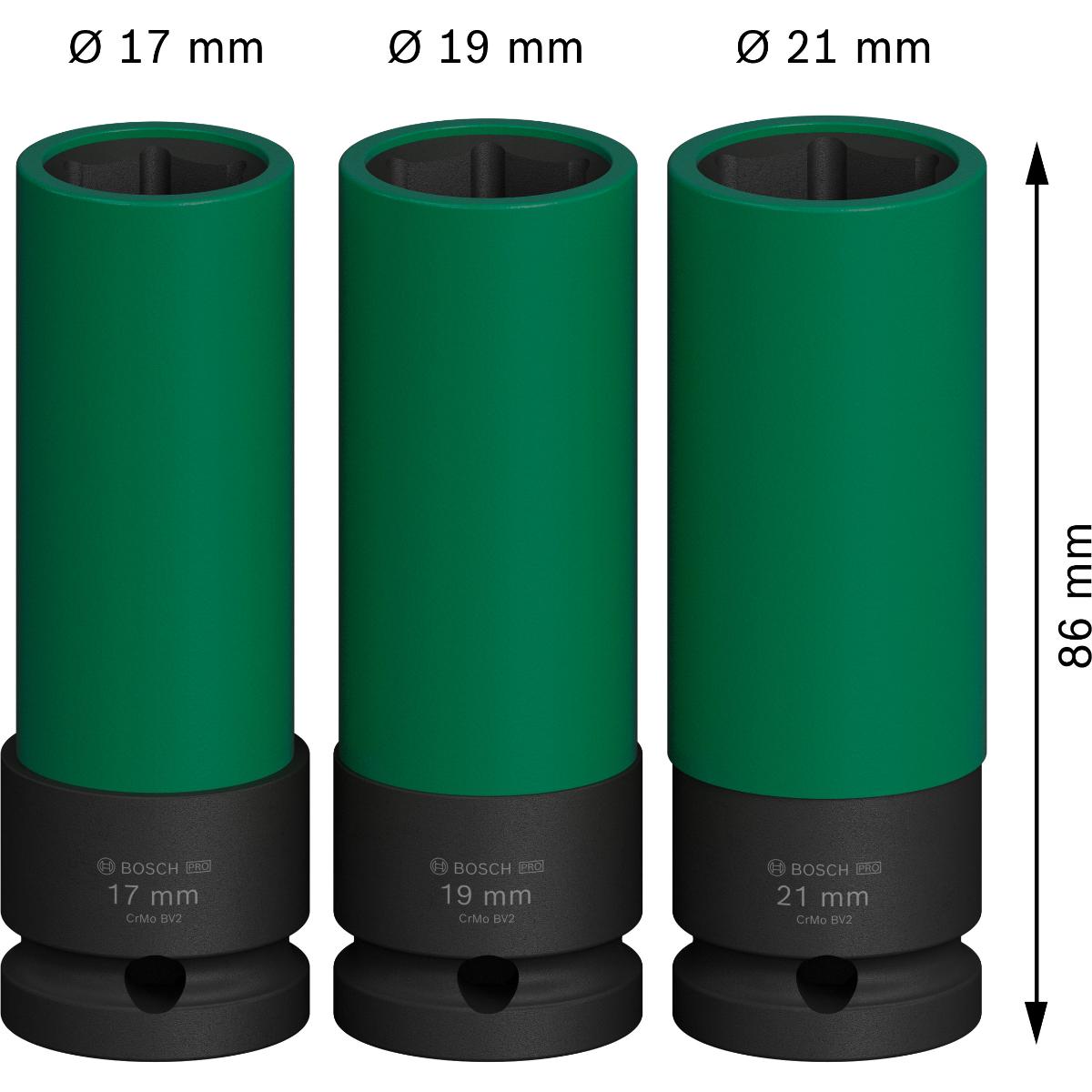 Bosch PRO Impact Socket Set mit PET-Abdeckungen, 1/2", extra tief, 3 teiliegs Set