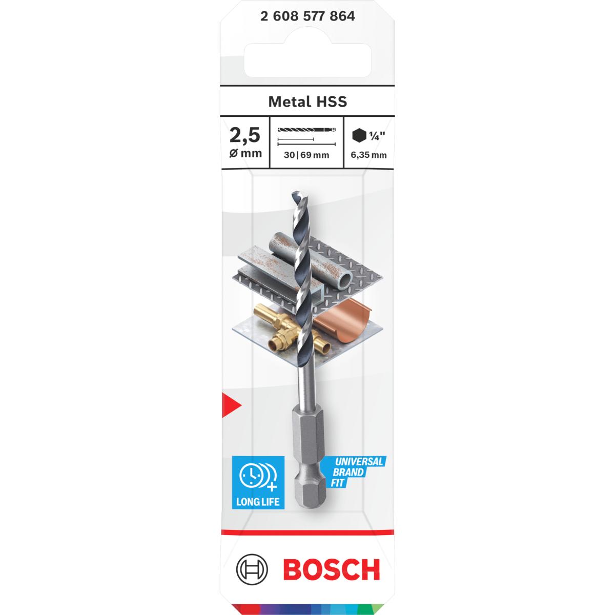 Bosch Metal HSS Spiralbohrer, 2,5 x 30 x 69 mm, HEX 1/4 Schaft